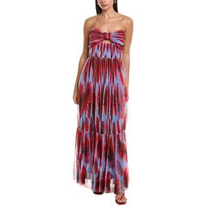 Hutch Strapless Midi Dress in Red and Blue Abstract Print
